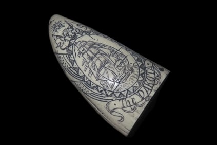 Vintage Scrimshaw Walrus Tooth Carving, Reproduction, Intricate Design