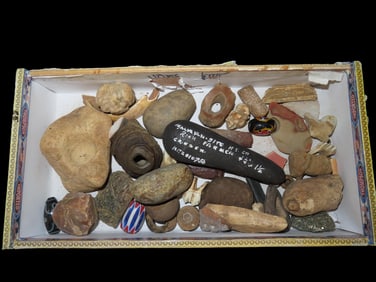 Old Cigar Box full of Site Material, Paint Pots, Beads, Fossils, Broken Artifacts, Etc. all Found by