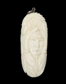 Carved Bone Indian & Eagle Pendant from Alaska, Very Intricate, Great Detail, 1950's