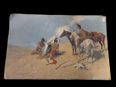 Old 23" x 15" Frederic Remington Indian Print, Picture, Photo. Plains Indians on Horses