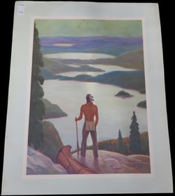 14" x 11" Indian with Canoe Print, Picture, R. Fayerweather, Babcock 1943