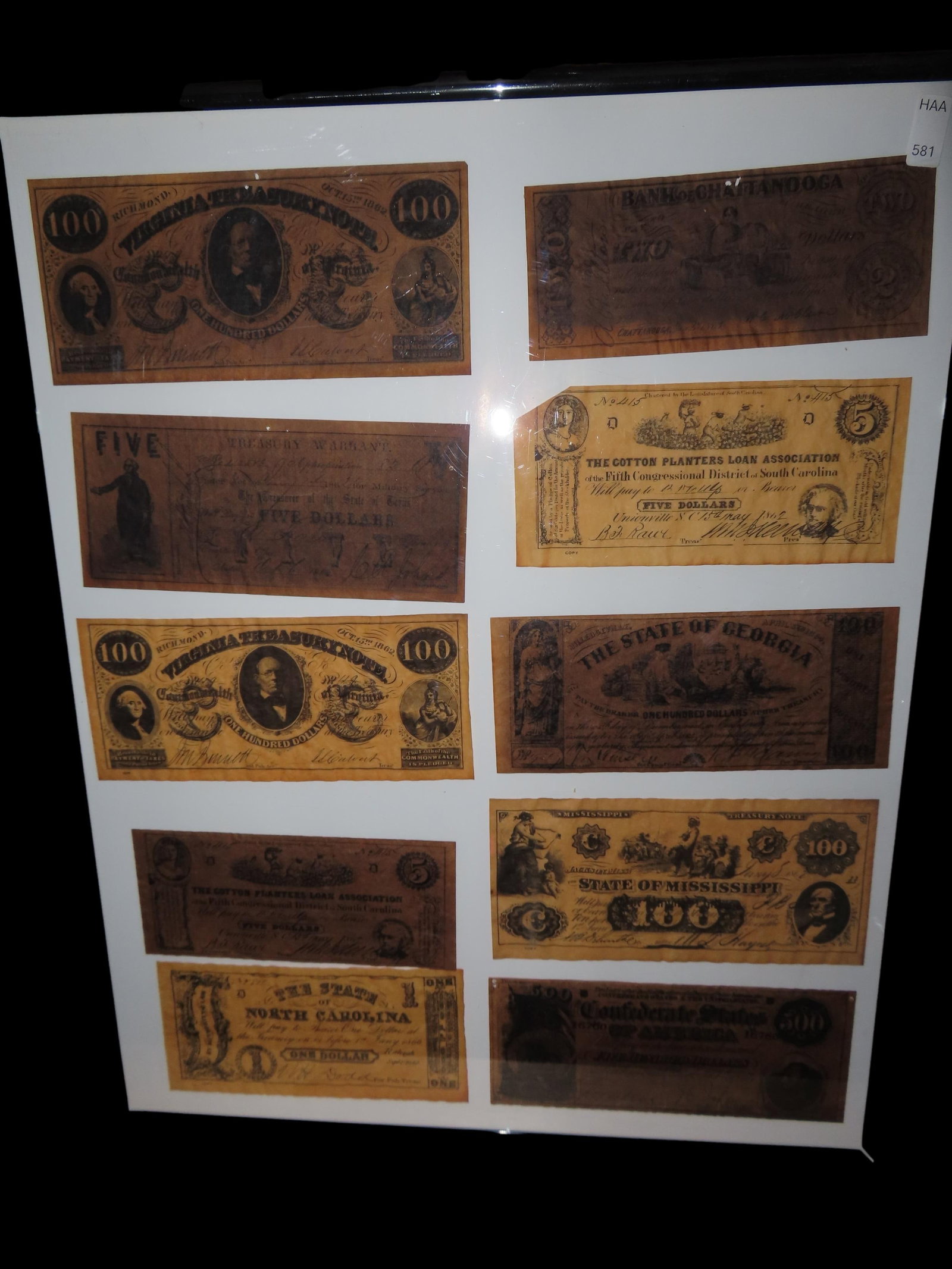 20" x 16" Framed Copies of Confederate Currency, Notes, Bills, $1, $2, $5, $100, $500: 20" x 16" Framed Copies of Confederate Currency, Notes, Bills, $1, $2, $5, $100, $500
