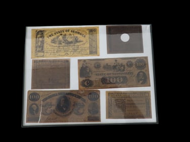13" x 10" Framed Copies of Confederate Currency, Notes, Bills, $7, $10, $100, $250
