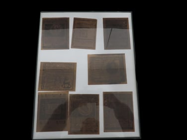 13" x 10" Framed Copies of  Early U.S. Shillings, Early US Colonial Currency, Notes, Shilling