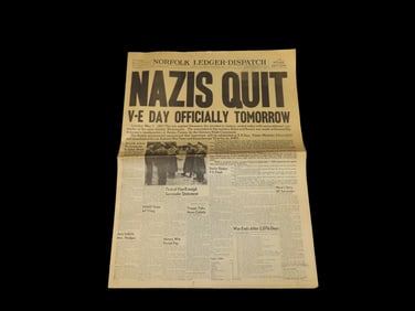 Historical 1945 Norfolk Ledger Newspaper, Nazis Quit, ww2 Over, Full Paper full of Historical Info,