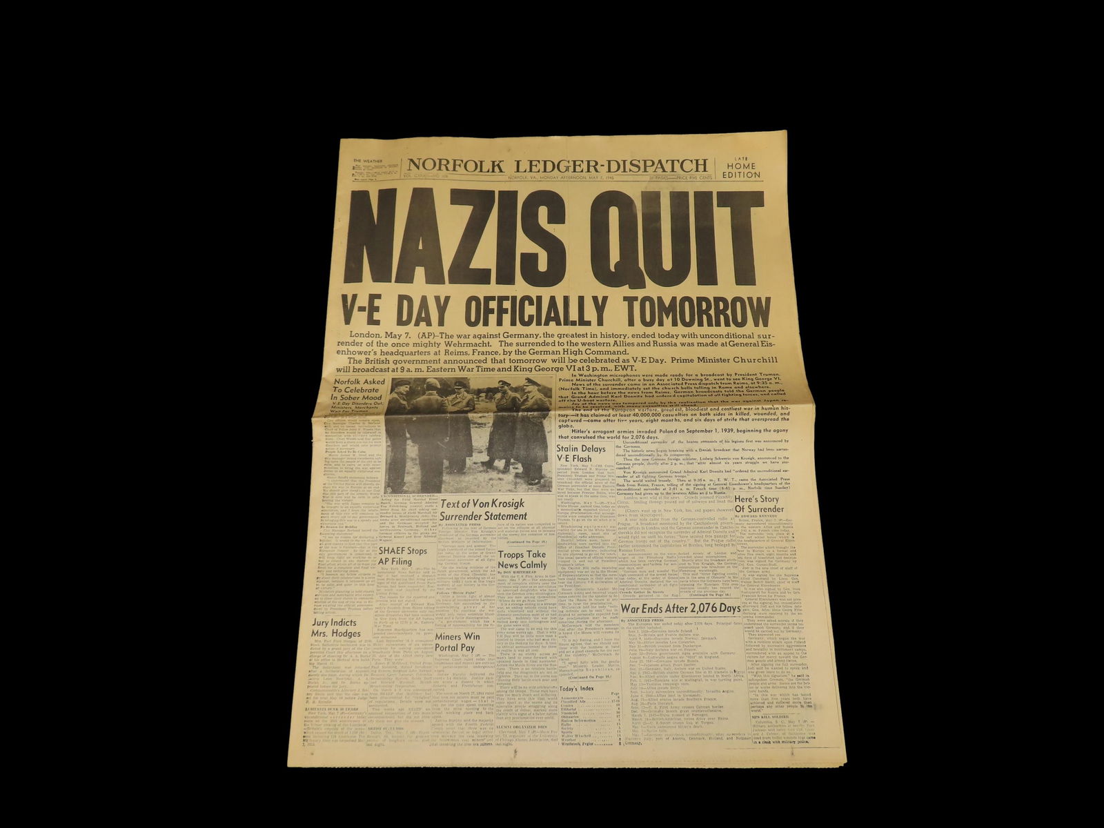 Historical 1945 Norfolk Ledger Newspaper, Nazis Quit, ww2 Over, Full Paper full of Historical Info,: Historical 1945 Norfolk Ledger Newspaper, Nazis Quit, ww2 Over, Full Paper full of Historical Info, Pics, Adds, Stories, Etc.