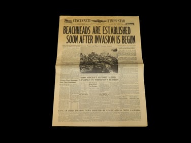 Historical 1944 Cincinnati Times Newspaper, WW2, Beaches are Established, Invasion is Begun, Full