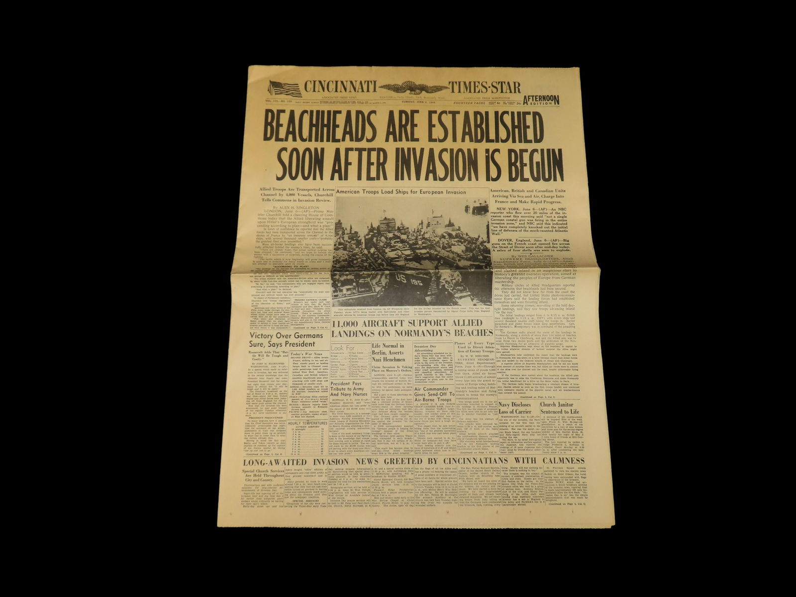 Historical 1944 Cincinnati Times Newspaper, WW2, Beaches are Established, Invasion is Begun, Full: Historical 1944 Cincinnati Times Newspaper, WW2, Beaches are Established, Invasion is Begun, Full Paper full of Historical Info, Pics, Adds, Stories, Etc.