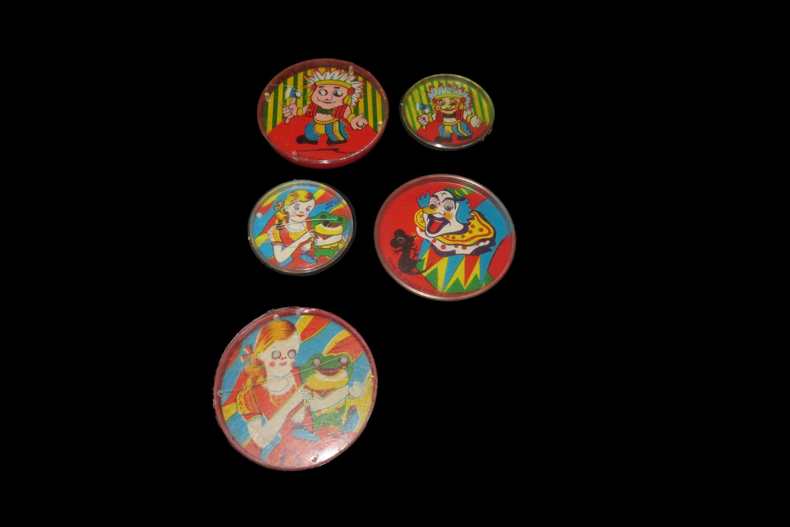Lot of 5 Vintage / Antique Kids Games, Toys, Pocket Skills Game, Indian, Clown, Creepy Girl with a: Lot of 5 Vintage / Antique Kids Games, Toys, Pocket Skills Game, Indian, Clown, Creepy Girl with a Frog