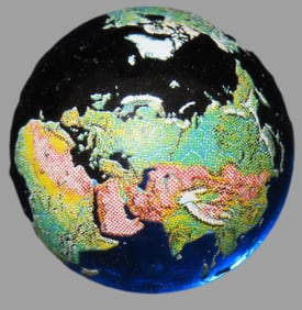 Vintage Shooter Marble of Earth, Globe, Continents, Translucent Blue Glass