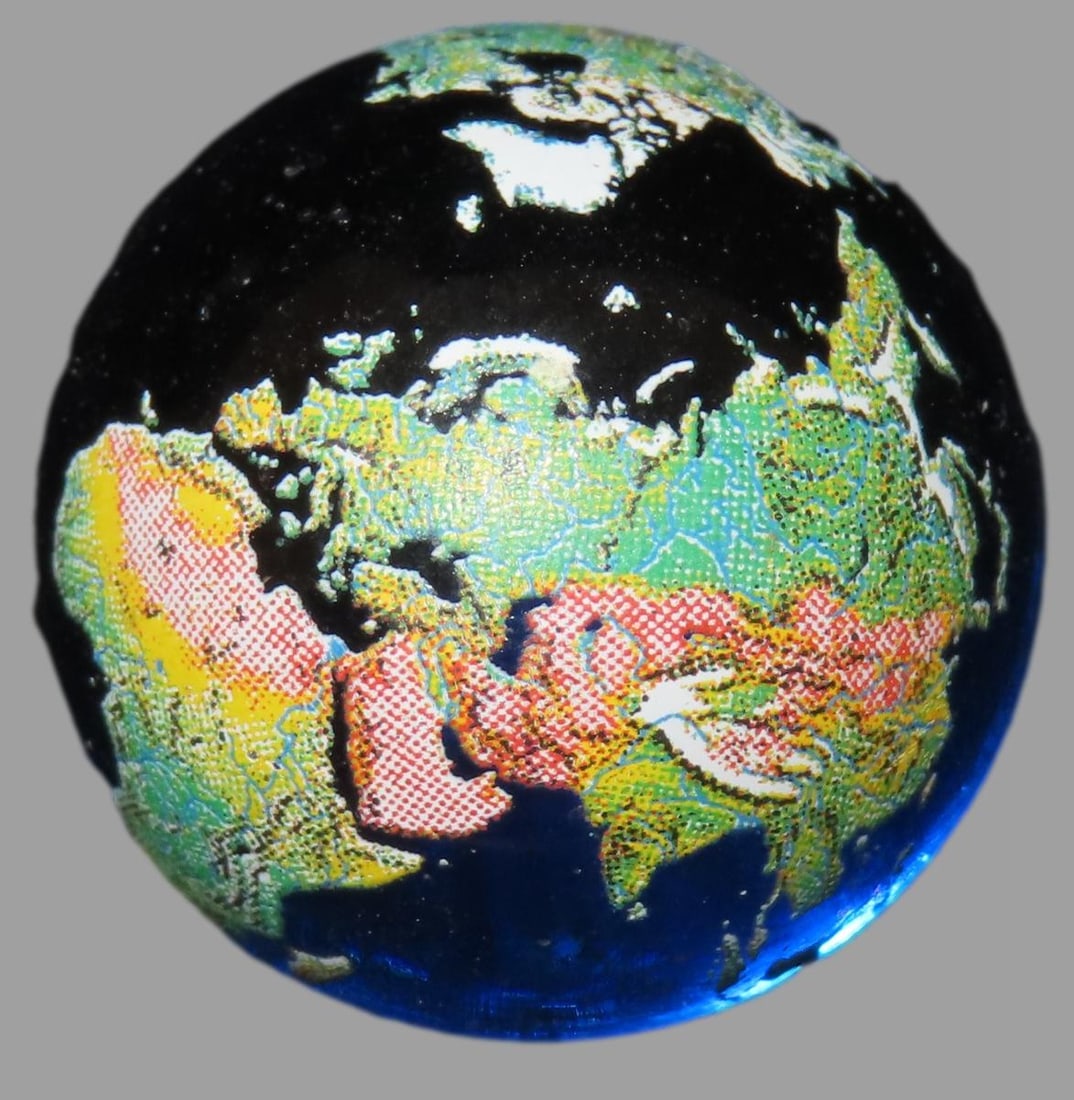 Vintage Shooter Marble of Earth, Globe, Continents, Translucent Blue Glass: Vintage Shooter Marble of Earth, Globe, Continents, Translucent Blue Glass