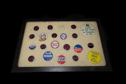 Framed Collection of Vintage Political Buttons, Advertising, Pins, etc.