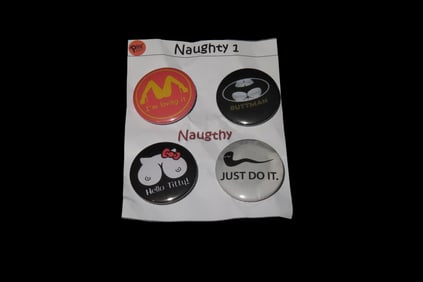 Lot of 4 Funny Naughty Pins / Buttons Imitating Famous Brands, Mcdonalds, Batman, Hello Kitty, Nike.