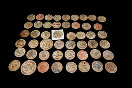 Large lot of Vintage Advertising Wooden Nickels, Tavers, Political, Sheriff, Senator, Judge, All