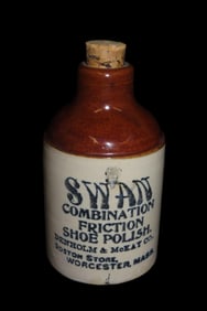 Antique Mini Advertising Jug, Crock, Denholm & McKay Co, Boston, Swan Combination Friction Shoe