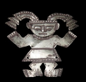 2 3/8" x 2" Pre-Columbian-style Silvertone Metal Human Effigy Pendant, from Peru