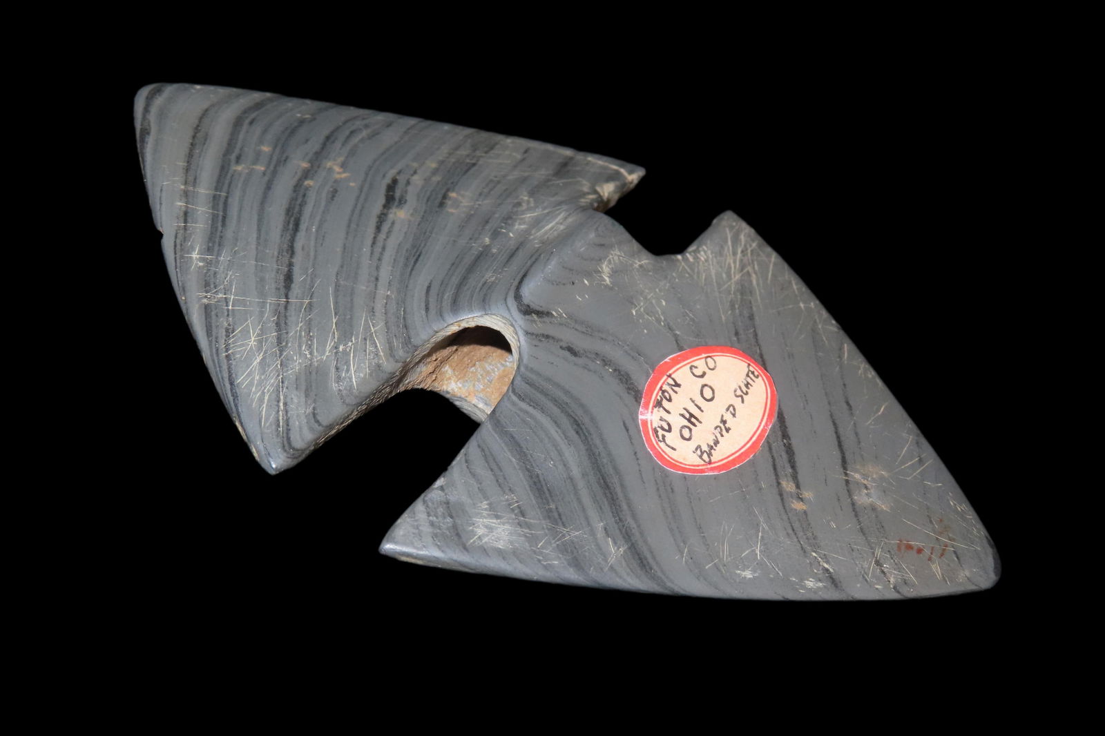 5" x 3 1/2" Banded Slate Bat-Wing Bannerstone, found in Fulton Co., Ohio, Ex Stan Follie Collection (1 of 7)