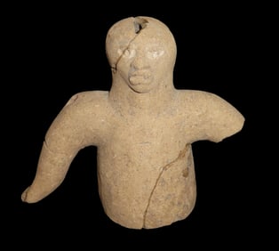 4 5/8" x 5" Pre-Columbian Human Head and Torso Effigy Fragment, broken and glued, Vera Cruz MX, Ex