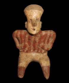 3 1/2" Pre-Columbian Polychrome Painted Seated Warrior Figure, 400-800 AD, Jalisco Mexico, broken