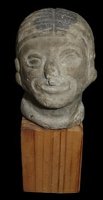4 1/2" Pre-Columbian Pottery Head Effigy, mounted on wood stand, Vera Cruz, MX, Ex Bill Heuter