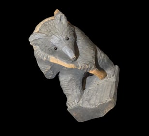 6" x 3 3/4" x 2 3/4" Antique Hand Carved Wooden Bear w/Fish