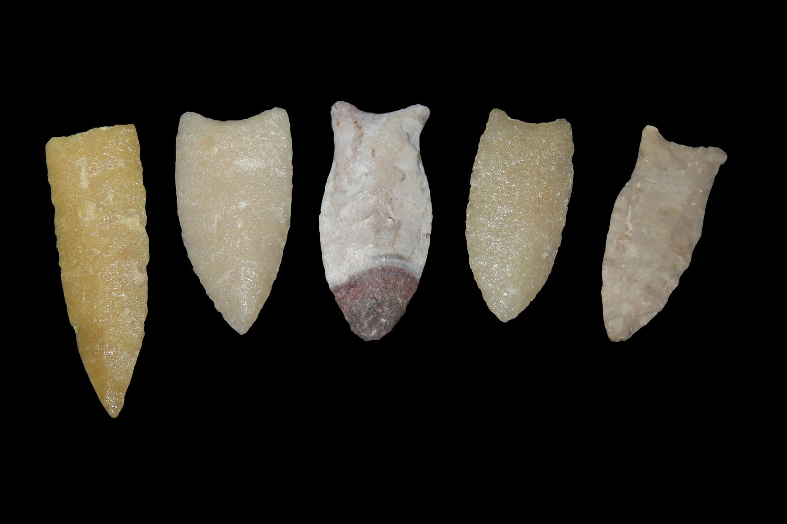 Group of 5 Points found at Fox Lake, Illinois 1920's-1930's, purchased attached to board at Portage (1 of 3)