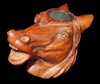 3 1/2" x 2 1/2" Antique Burl Wood Hand Carved Horse Head Pipe Bowl, Ex Bill Heuter Collection