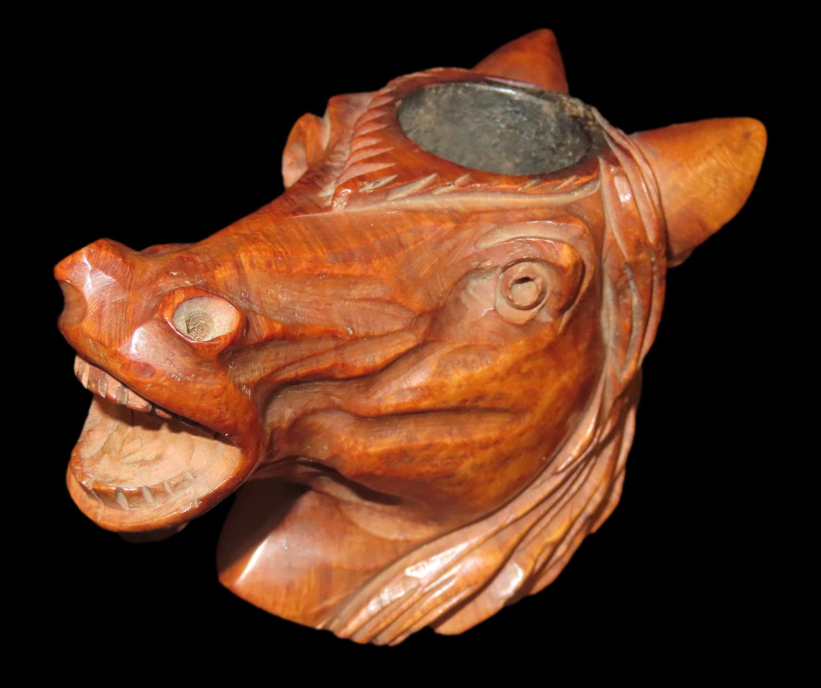 3 1/2" x 2 1/2" Antique Burl Wood Hand Carved Horse Head Pipe Bowl, Ex Bill Heuter Collection (1 of 7)