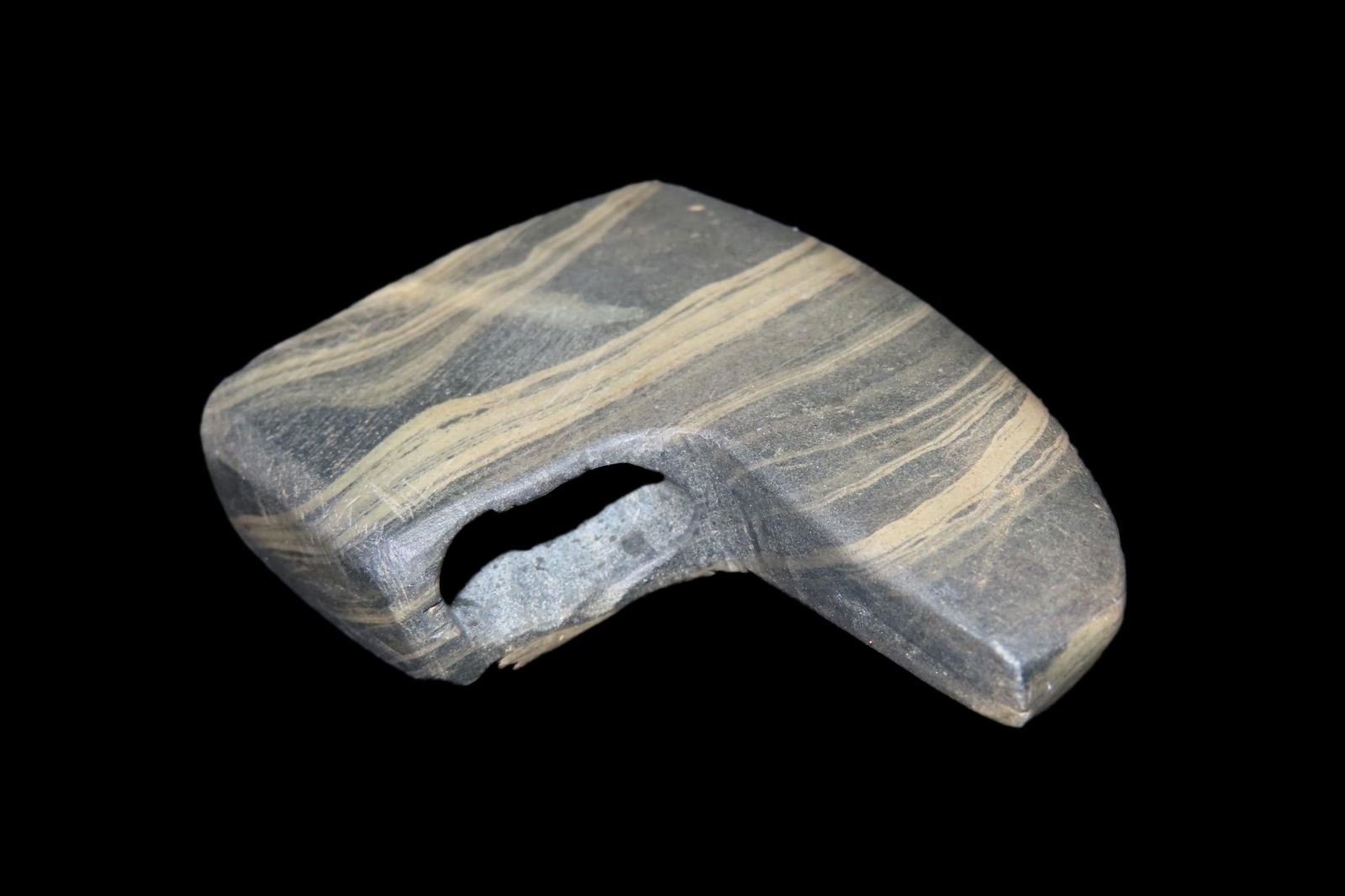 3 1/2" x 2" Banded Slate Geniculate Bannerstone, found in Fulton Co., Ohio, Ex Stan Follie (1 of 8)