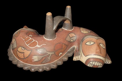 7 3/4" x 4 3/4" x 3 3/4" Reproduction Nazca Whistling Vessel, Peruvian, Zoomorphic