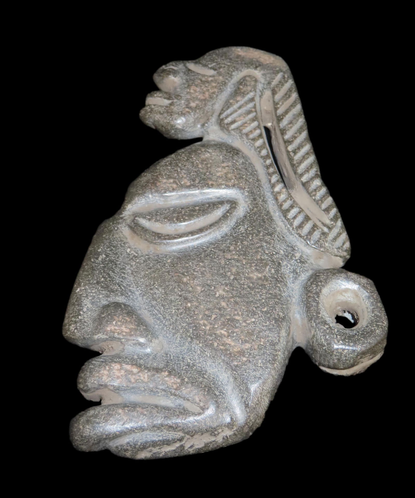 8 1/8" x 5 3/8" Pre-Columbian Human Head Effigy, Motley COA, Made from Colorful Hardstone, from: 8 1/8" x 5 3/8" Pre-Columbian Human Head Effigy, Motley COA, Made from Colorful Hardstone, from Ecuador, Inca Culture, Ex Rich Atkins Collection