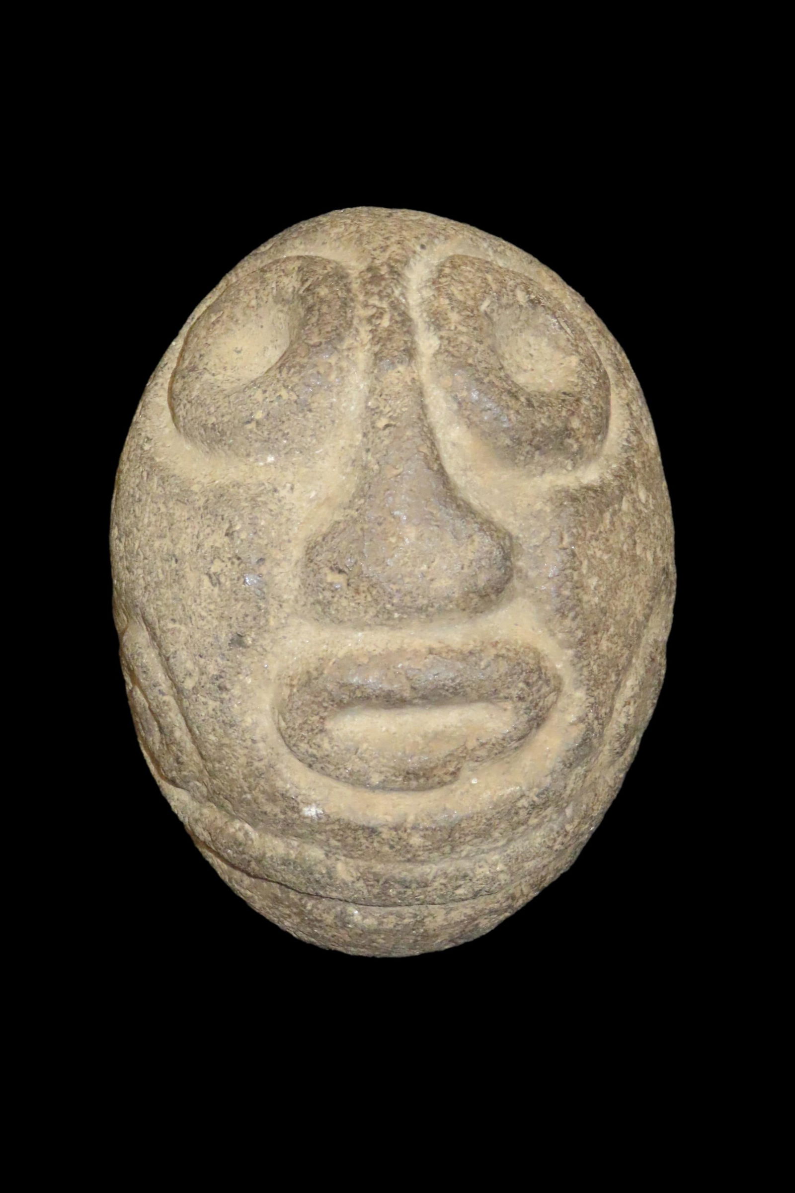 4 3/8" x 5 3/4" Pre-Columbian Human Head Effigy, Motley COA, Made of Colorful Hardstone, from: 4 3/8" x 5 3/4" Pre-Columbian Human Head Effigy, Motley COA, Made of Colorful Hardstone, from Guatemala, Ex Rich Atkins Collection