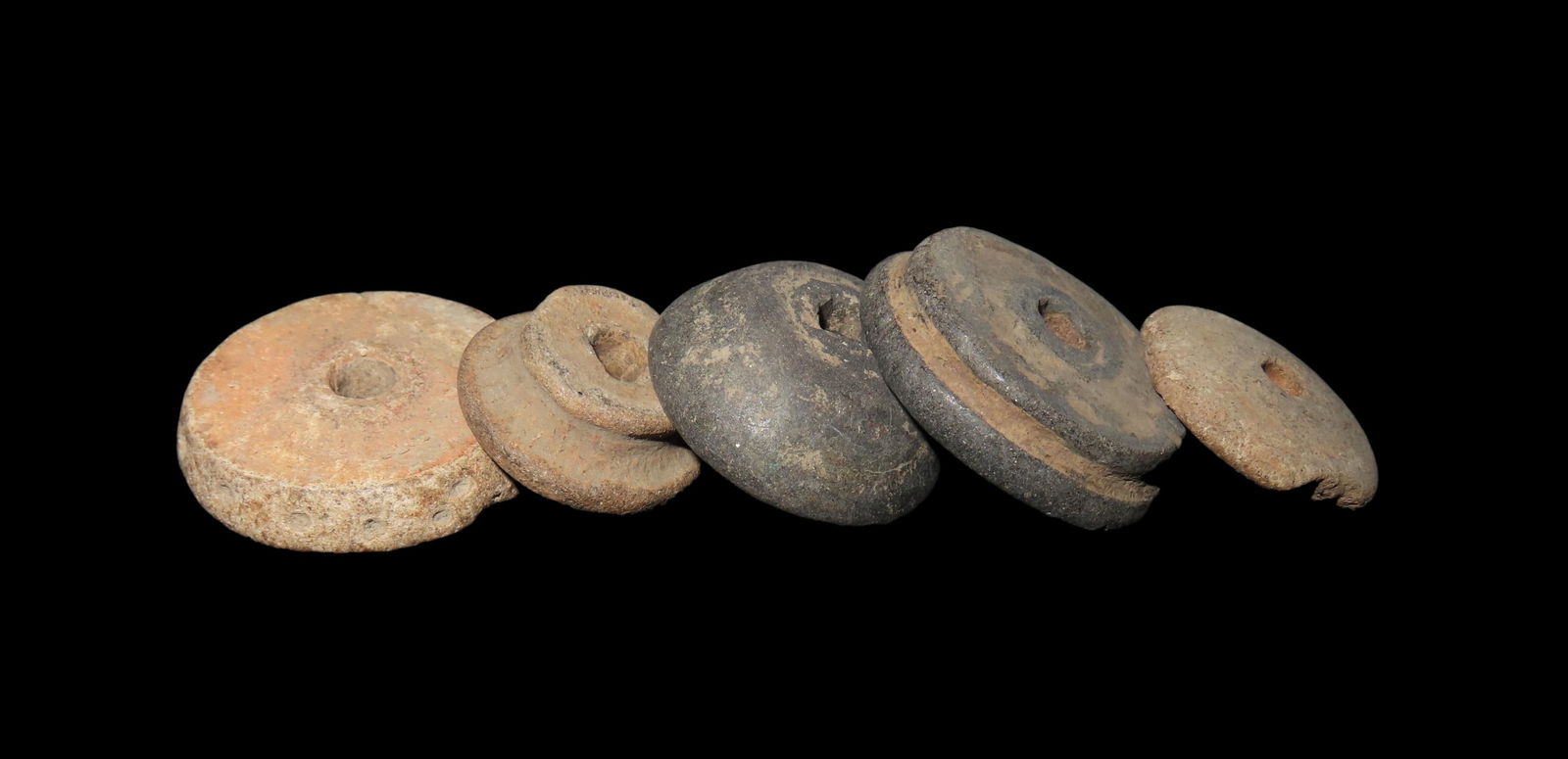 Lot of 5 Pre-Columbian Pottery Whorl Beads, Some Engraved/Notched, Guatemala, Ex Rich Atkins Collect (1 of 5)