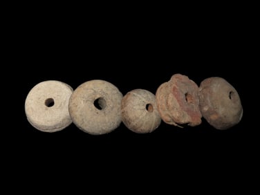 Lot of 5 Pre-Columbian Pottery Whorl Beads, Some Engraved/Notched, Guatemala, Ex Rich Atkins Collect