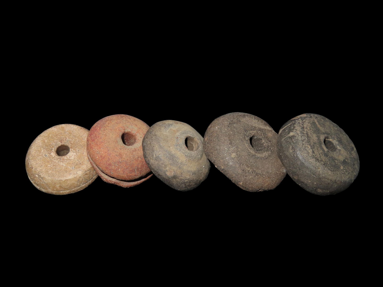 Lot of 5 Pre-Columbian Pottery Whorl Beads, Some Engraved/Notched, Guatemala, Ex Rich Atkins Collect (1 of 2)