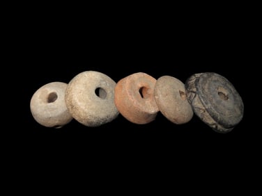 Lot of 5 Pre-Columbian Pottery Whorl Beads, Some Engraved/Notched, Guatemala, Ex Rich Atkins Collect