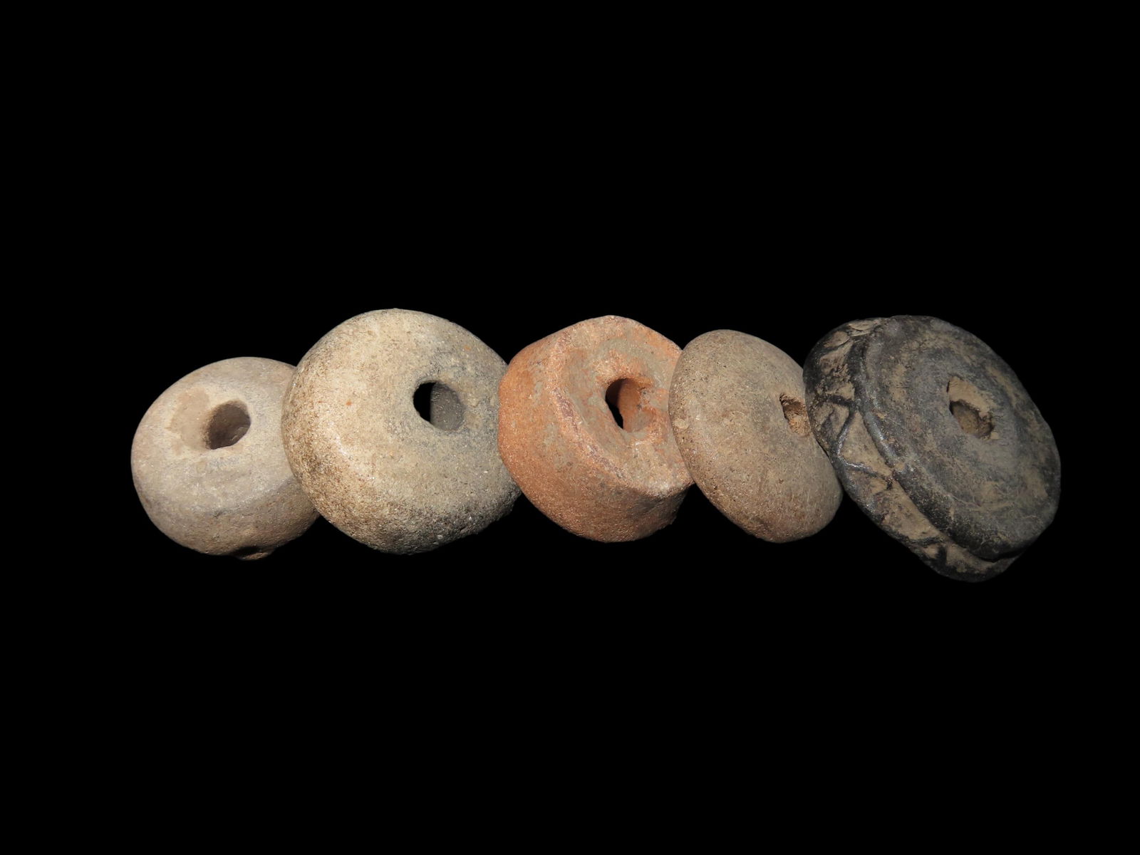 Lot of 5 Pre-Columbian Pottery Whorl Beads, Some Engraved/Notched, Guatemala, Ex Rich Atkins Collect (1 of 3)