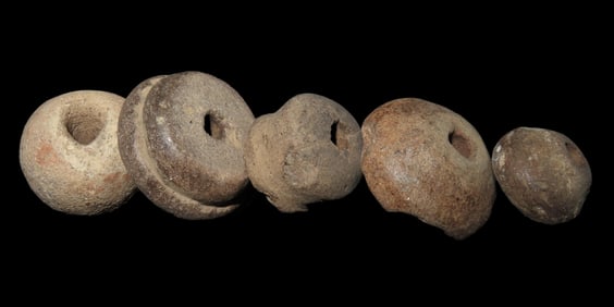 Lot of 5 Pre-Columbian Pottery Whorl Beads, Some Engraved/Notched, Guatemala, Ex Rich Atkins Collect