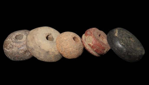Lot of 5 Pre-Columbian Pottery Whorl Beads, Some Engraved/Notched, Guatemala, Ex Rich Atkins Collect