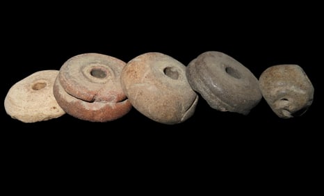Lot of 5 Pre-Columbian Pottery Whorl Beads, Some Engraved/Notched, Guatemala, Ex Rich Atkins Collect