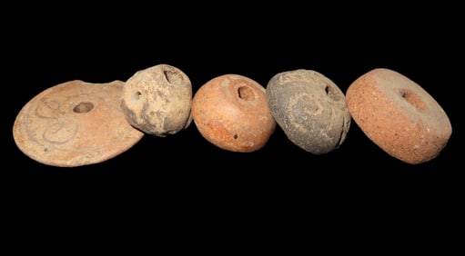 Lot of 5 Pre-Columbian Pottery Whorl Beads, Some Engraved/Notched, Guatemala, Ex Rich Atkins Collect