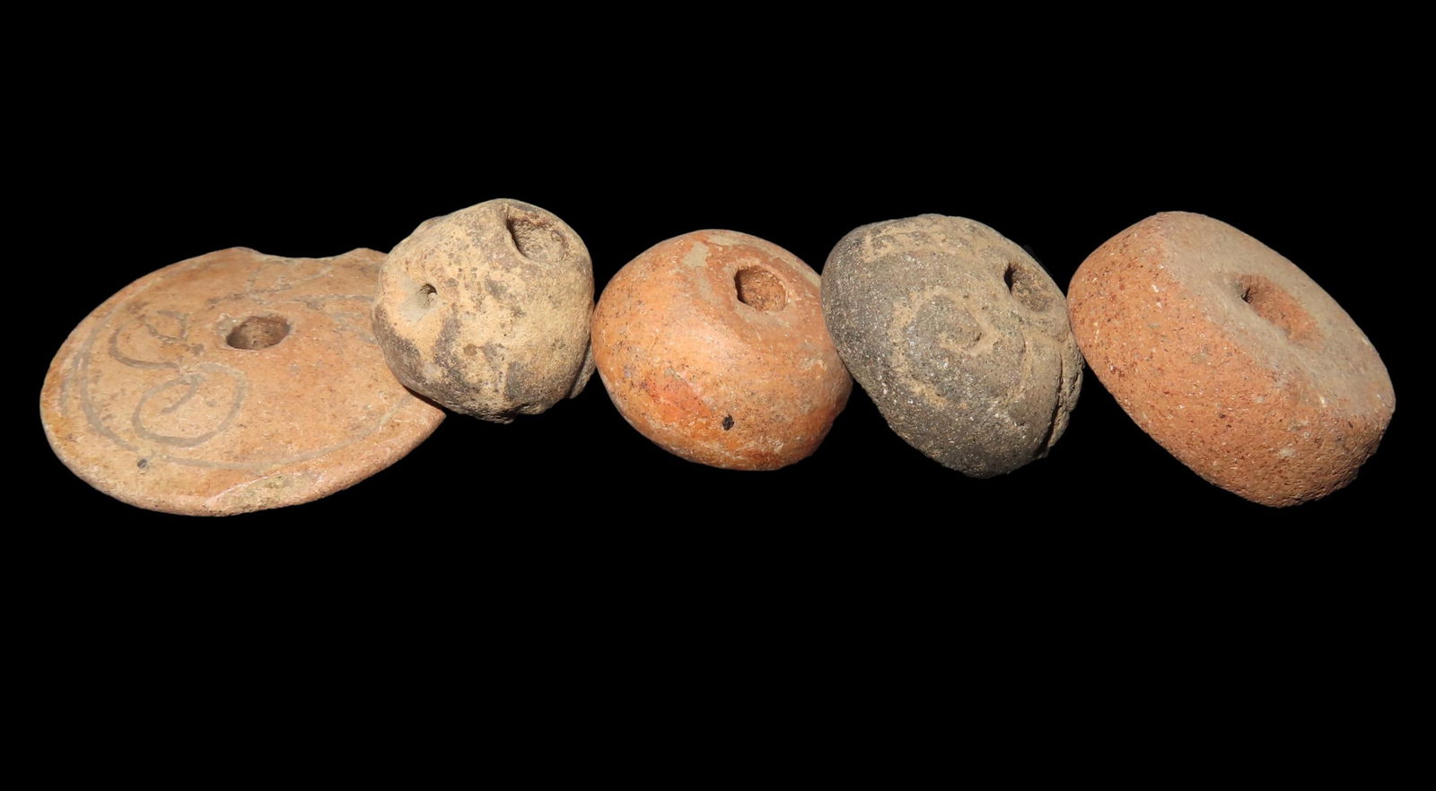 Lot of 5 Pre-Columbian Pottery Whorl Beads, Some Engraved/Notched, Guatemala, Ex Rich Atkins Collect (1 of 4)