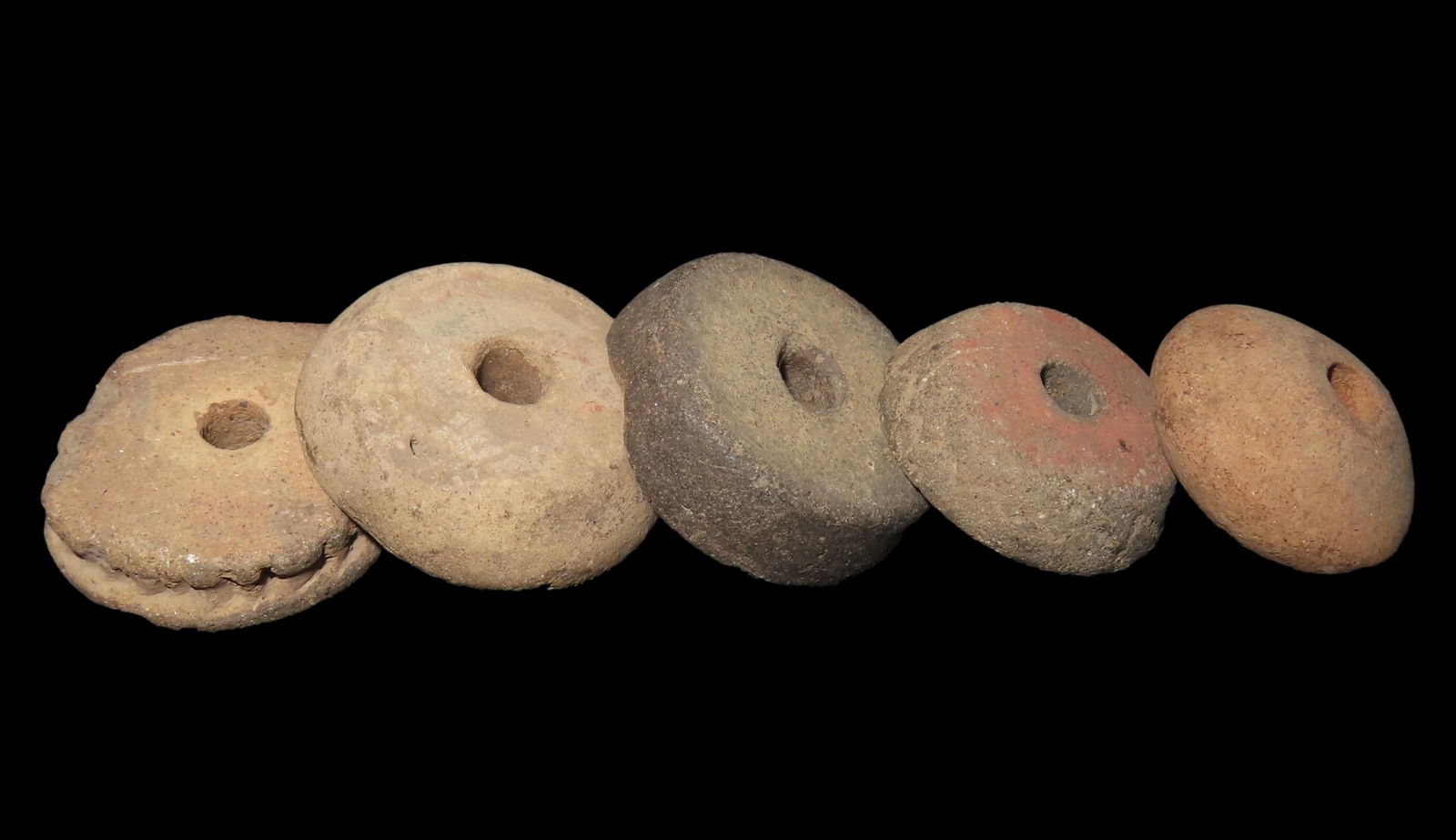 Lot of 5 Pre-Columbian Pottery Whorl Beads, Some Engraved/Notched, Guatemala, Ex Rich Atkins Collect (1 of 3)