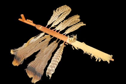 31 1/4" REPRODUCTION Catlinite Bear Pipe and Feather Decorated Stem, Ceremonial, Decorative, Tourist