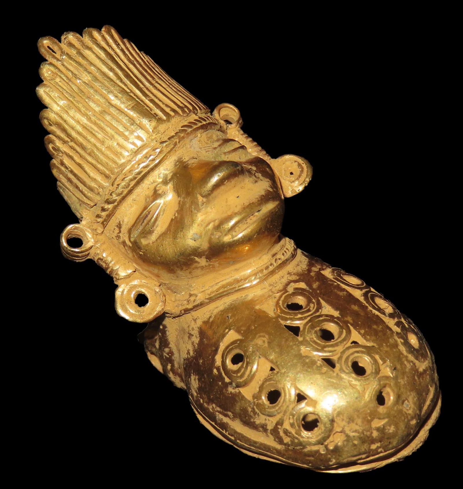 1 1/4" x 2 1/4" Pre-Columbian Tumbaga Shamanistic Bell Pendant, Motley COA, Found in Central America (1 of 7)