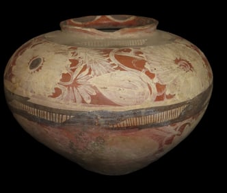 Antique polychrome ceramic olla pot, 12" diameter x 8 1/2" H, Latin America, Hidalgo region,