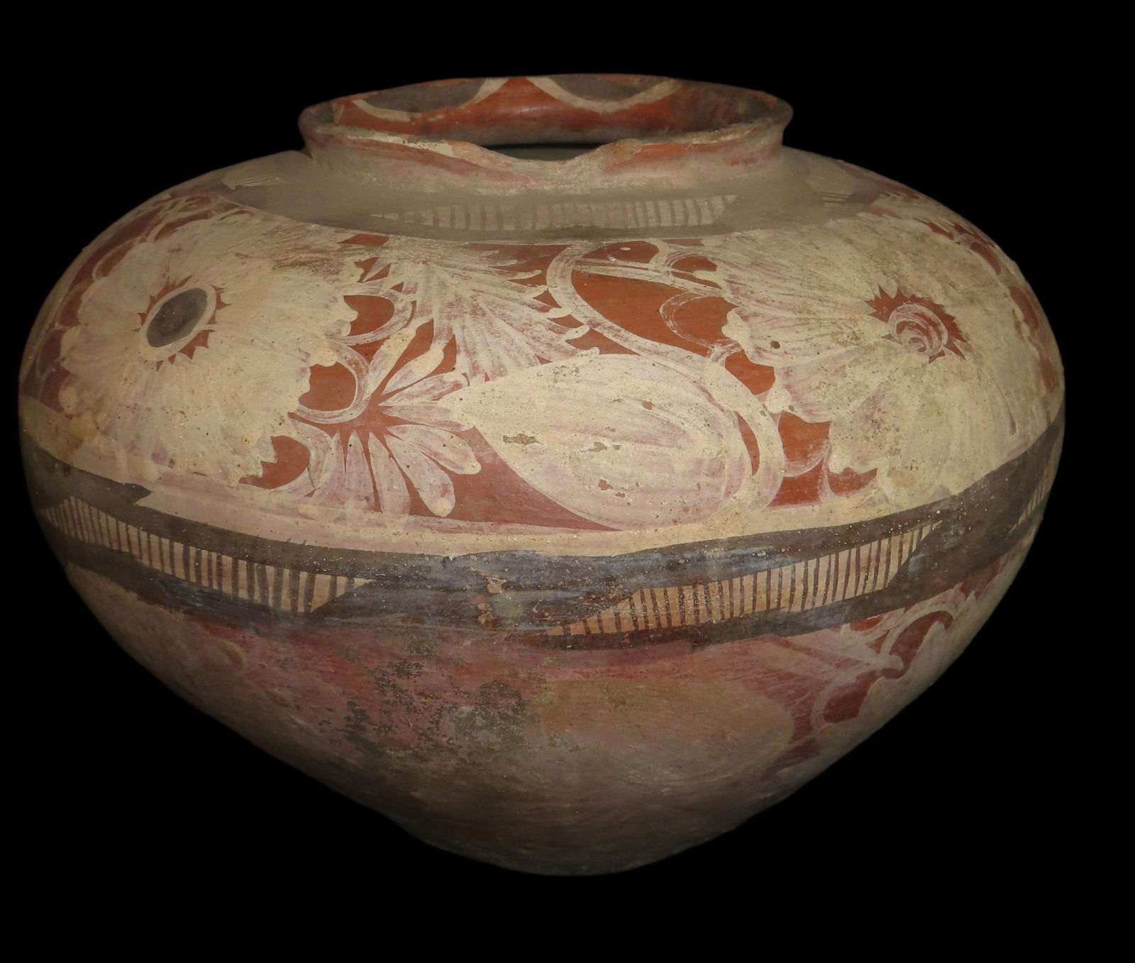 Antique polychrome ceramic olla pot, 12" diameter x 8 1/2" H, Latin America, Hidalgo region,: Antique polychrome ceramic olla pot, 12” diameter x 8 1/2” H, Latin America, Hidalgo region, Huasteca culture, late 19th to early 20th century CE. Decorated with floral and geometric motif