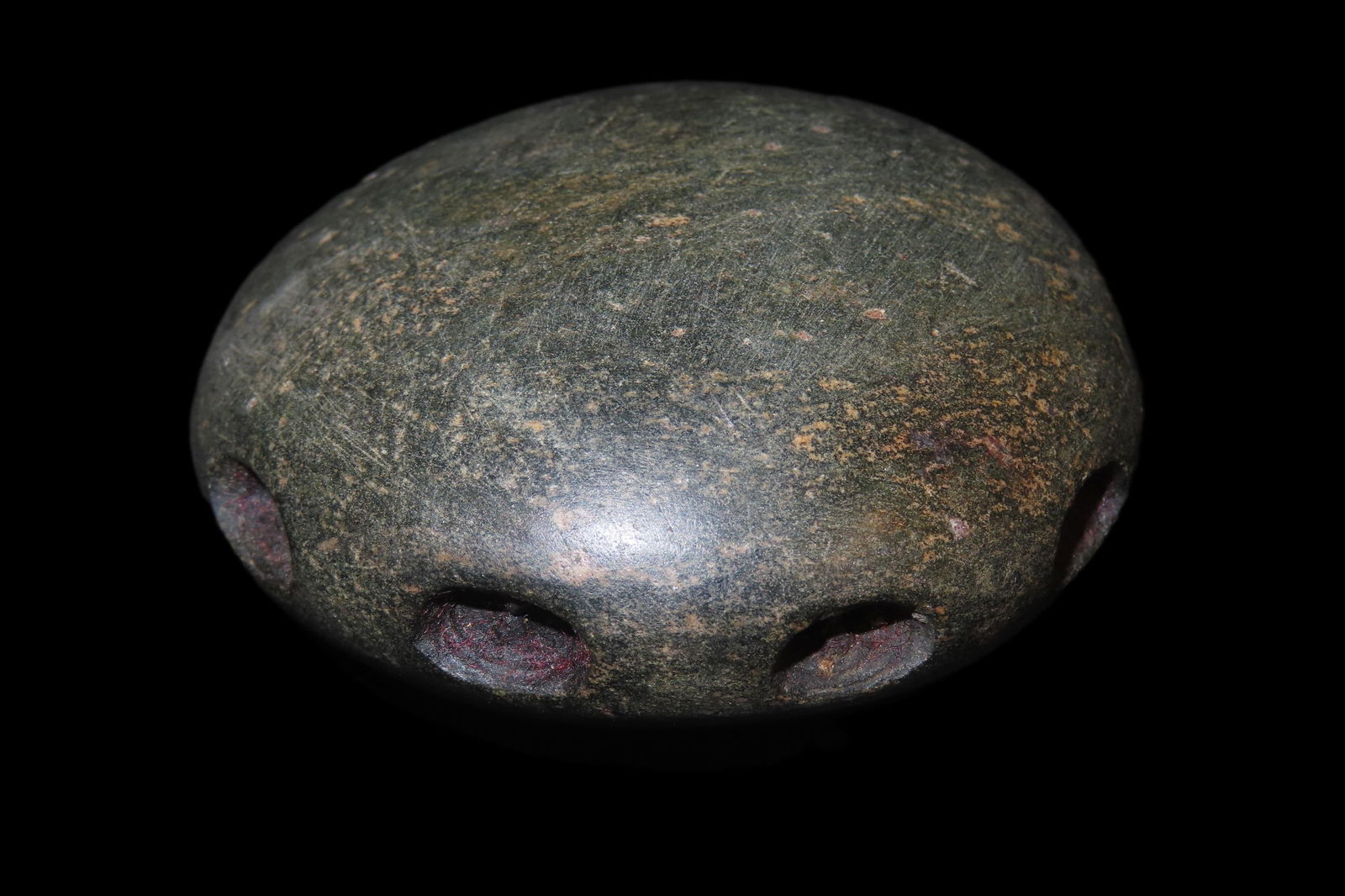 3" Unique and Rare Artifact/Tool/Religious Talisman- Hardstone Discoidal with Shallow Perforations: 3" Unique and Rare Artifact/Tool/Religious Talisman- Hardstone Discoidal with Shallow Perforations around Circumference, Exact Use Unknown, From Private Collection in Delaware