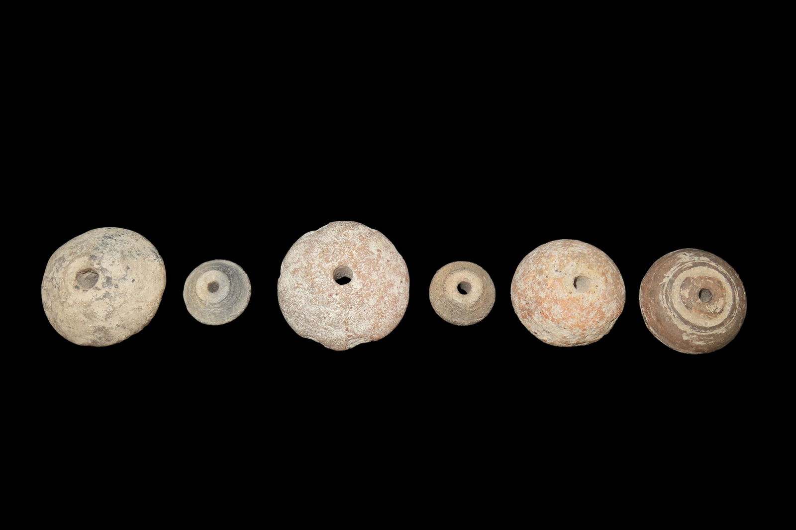 Group of 6 Ancient Spindle Whorl Beads, which are collectible artifacts used historically for (1 of 3)