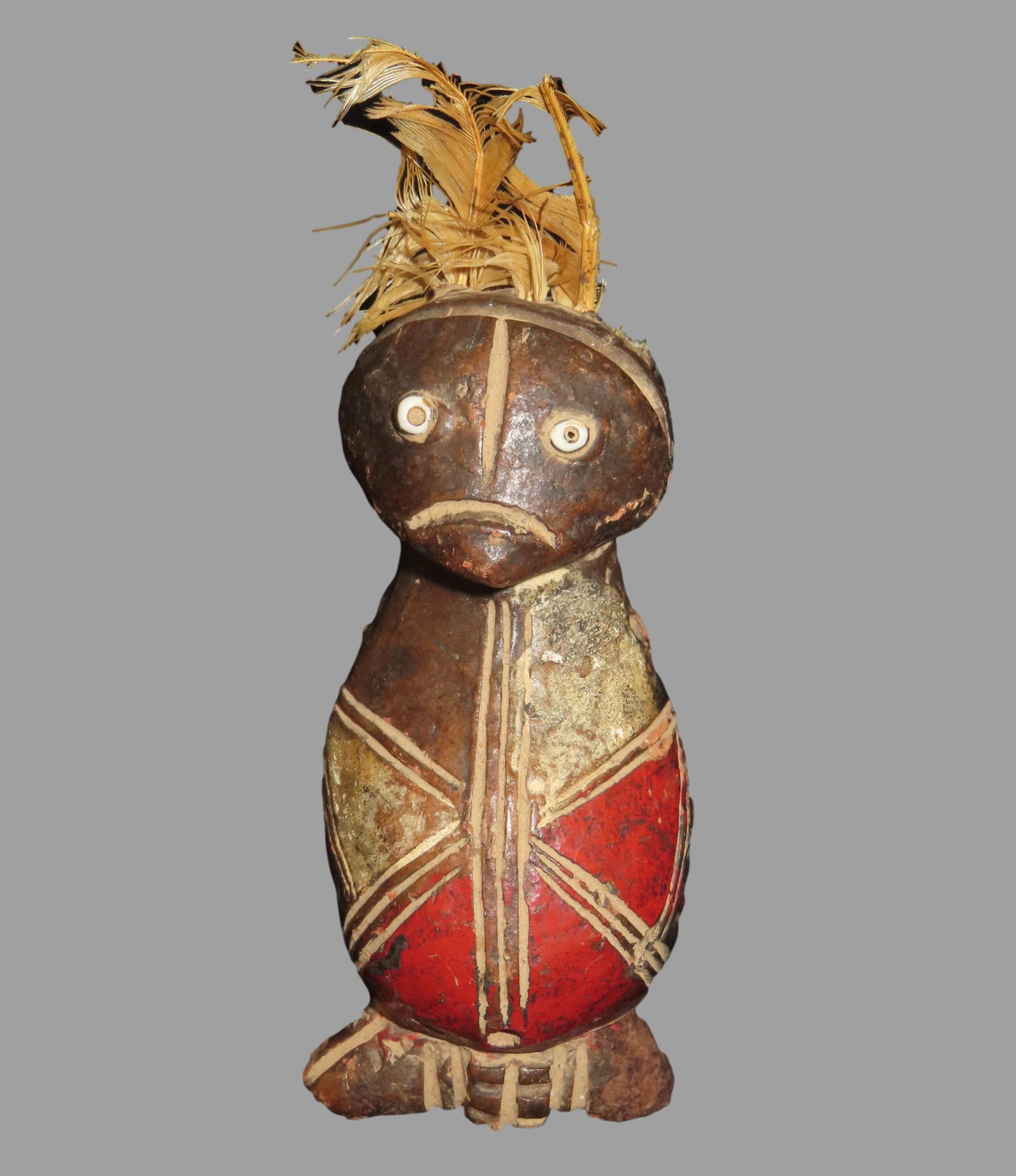 5" African Fetish Doll, Cameroon, Tikar, Mambilla, Bomum, Painted Terracotta, Feather Headdress, (1 of 9)